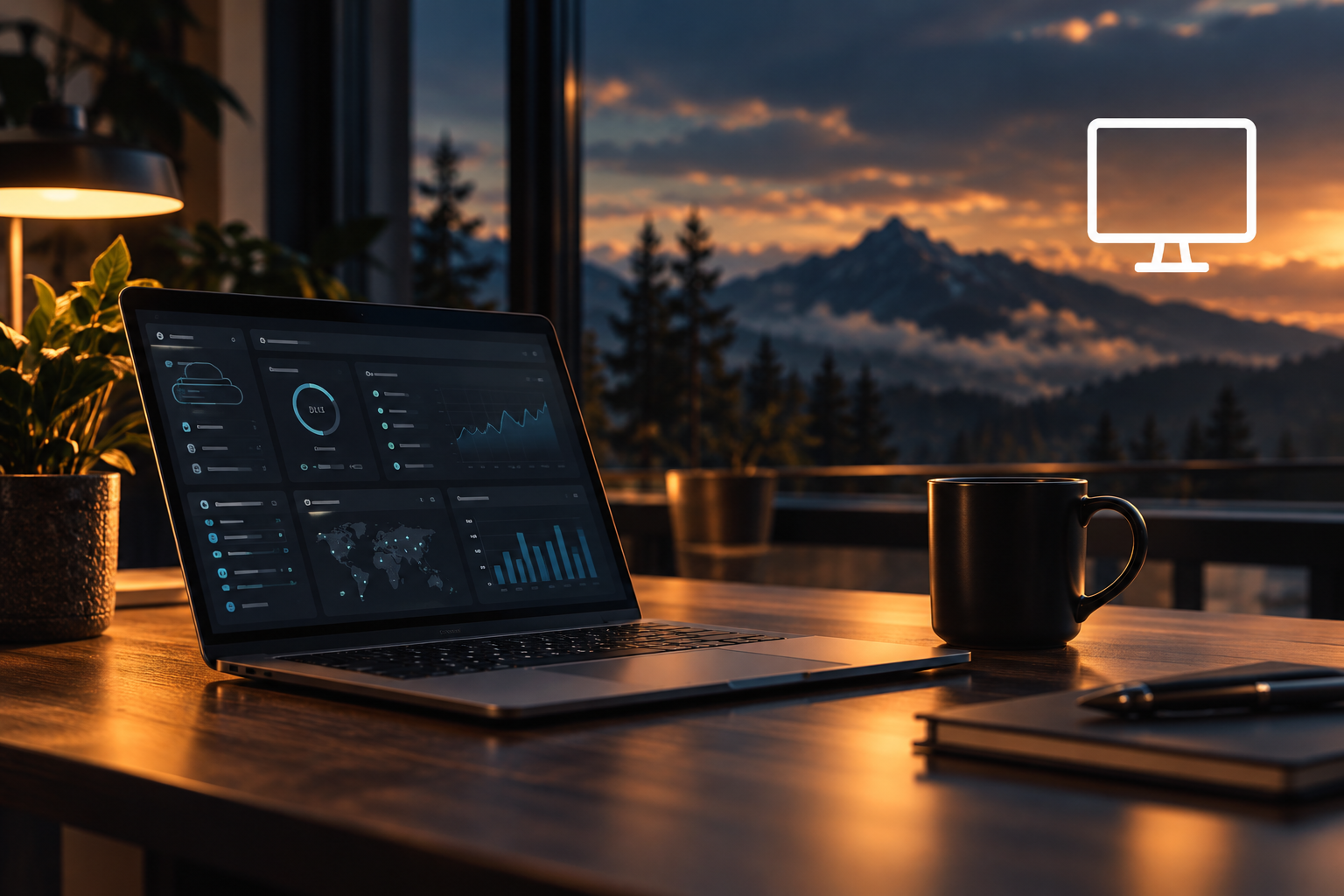 Technology workspace overlooking mountain clouds