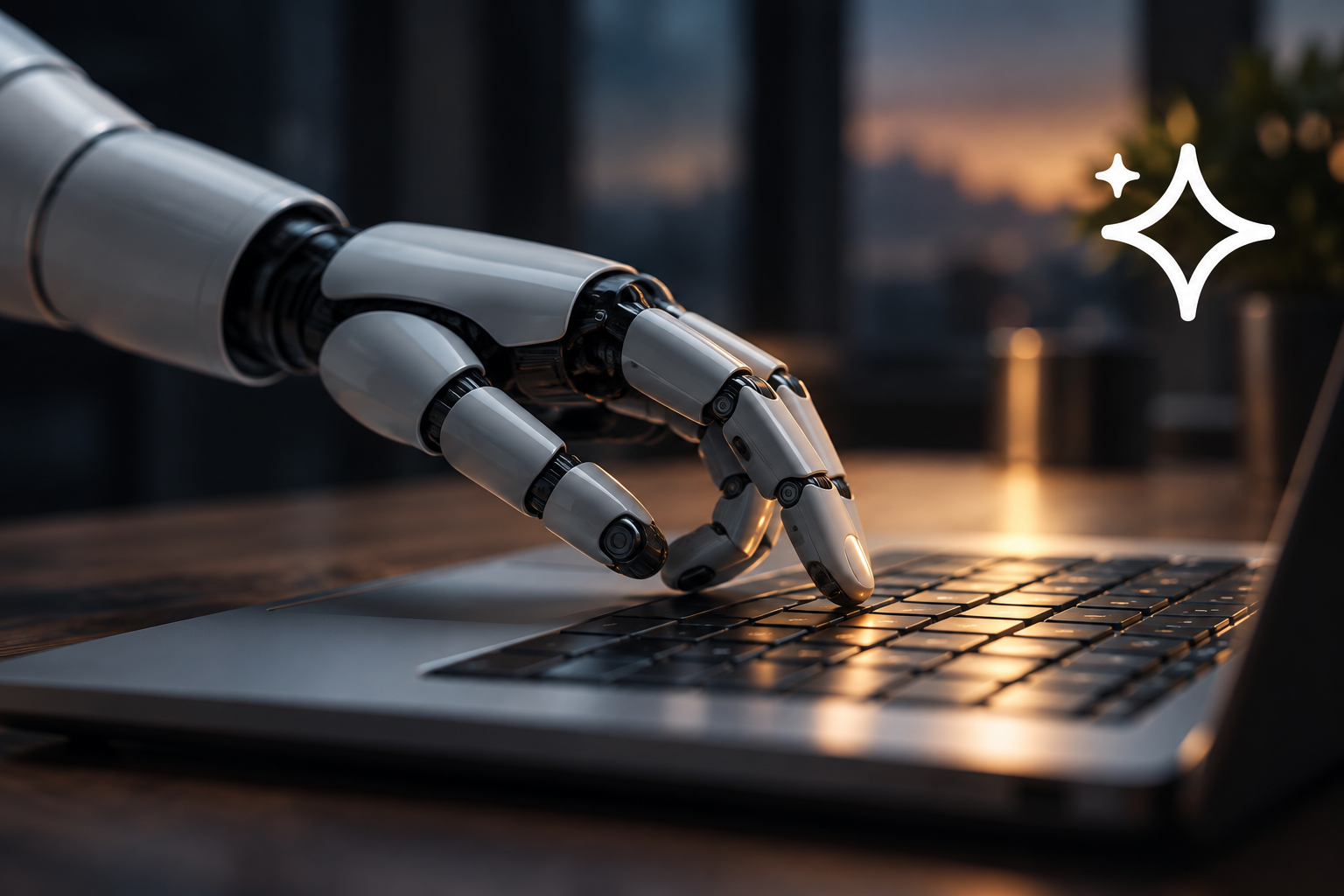 Robotic hand working at a laptop