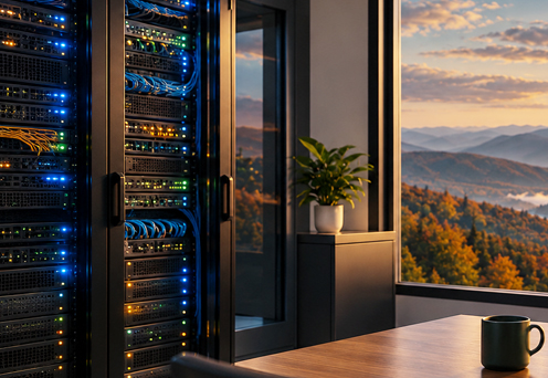 Server infrastructure with blue status lights
